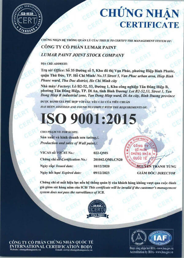 Chứng nhận ISO 9001 của Lumar Paint