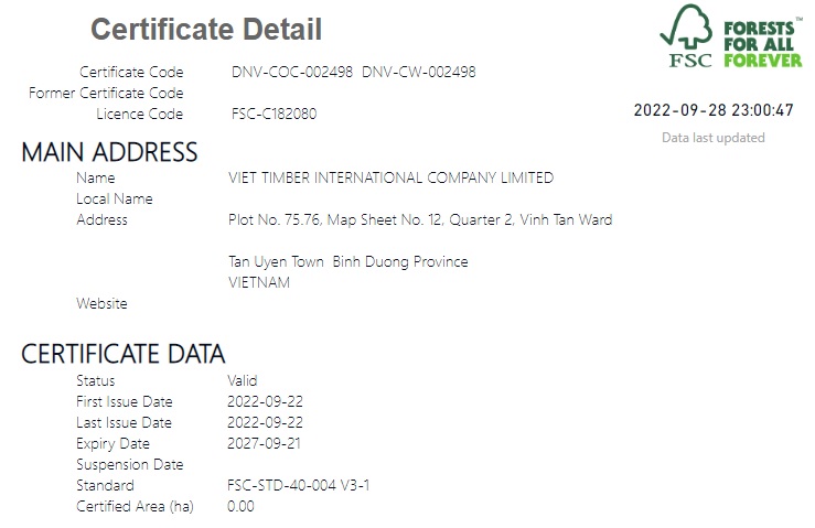Thông tin Gỗ Việt đạt chứng nhận FSC trên website của FSC